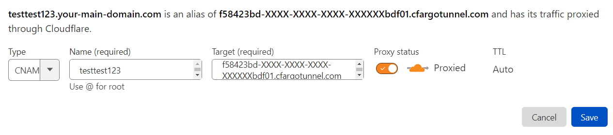 Image shows DNS CNAME record-setting on Cloudflare dashboard